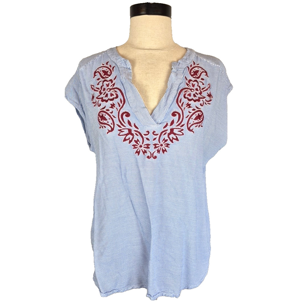 Liz Claiborne Shirt Womens Large Blue Striped Short Sleeve Blouse Embroidered